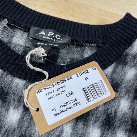 A.P.C. NWT Heidi Crewneck Embroidered Checked Brushed-Fleece Sweatshirt Size M - Picture 6 of 11